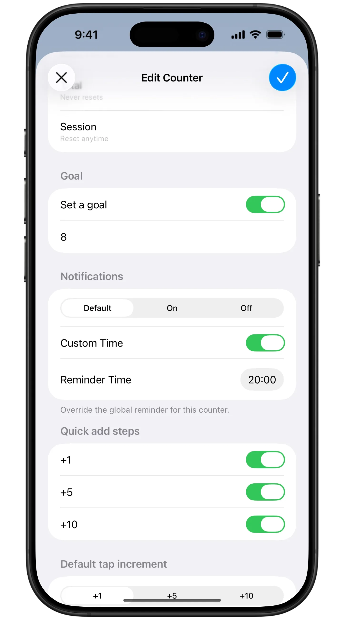 Counter edit screen showing per-counter notification settings with Default, On, and Off modes, custom time toggle, and reminder time