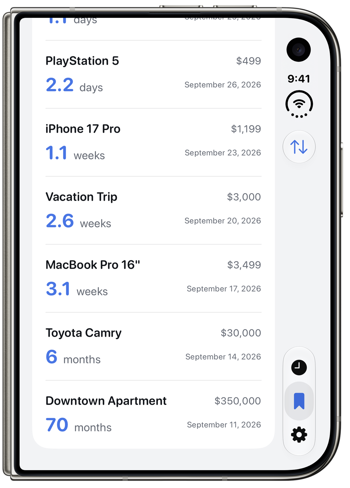 iPhone Duo folded, showing Hourify's Saved list scrolled down to the larger purchases: MacBook Pro 16 inches at 3.1 weeks, Toyota Camry at 6 months, Downtown Apartment at 70 months.