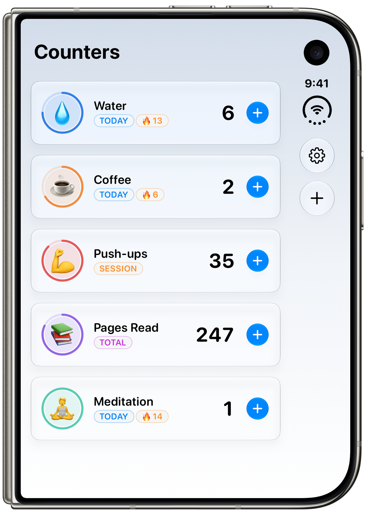 iPhone Duo folded, showing the 1Counter Counters list in a single column: Water, Coffee, Push-ups, Pages Read and Meditation, each with its mode badge, value and plus button, with the Settings and Add buttons on the right edge.