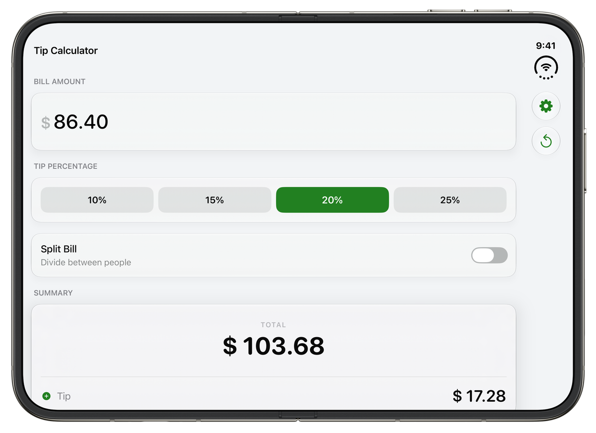 iPhone Duo unfolded in landscape showing Elavo: a bill amount of $86.40, tip buttons for 10, 15, 20 and 25 percent with 20% selected, the Split Bill switch off, and a summary with a total of $103.68 and a tip of $17.28. Settings and reset buttons sit in a column on the right.