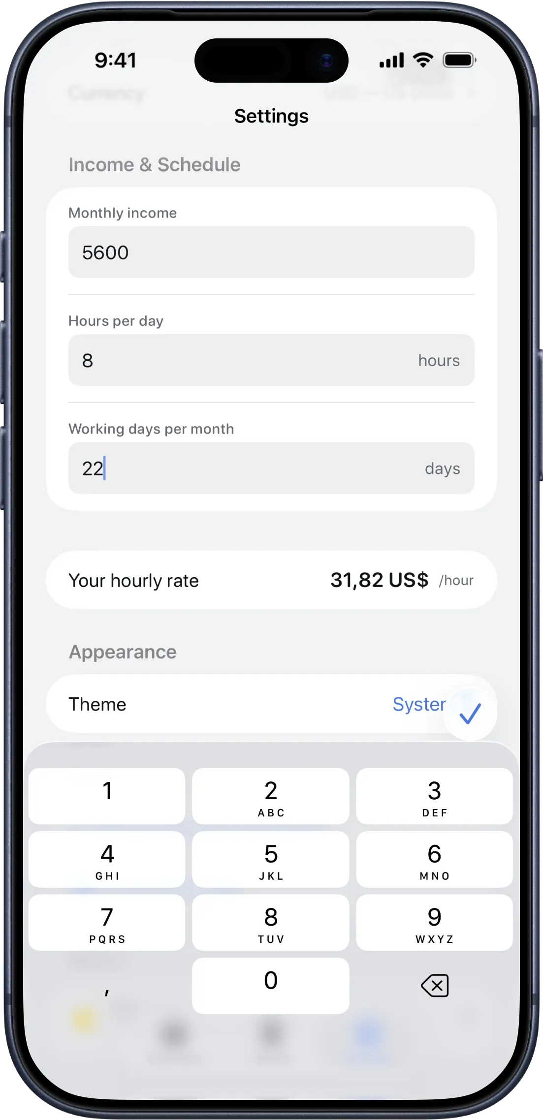 The Hourify Settings screen showing Currency set to
