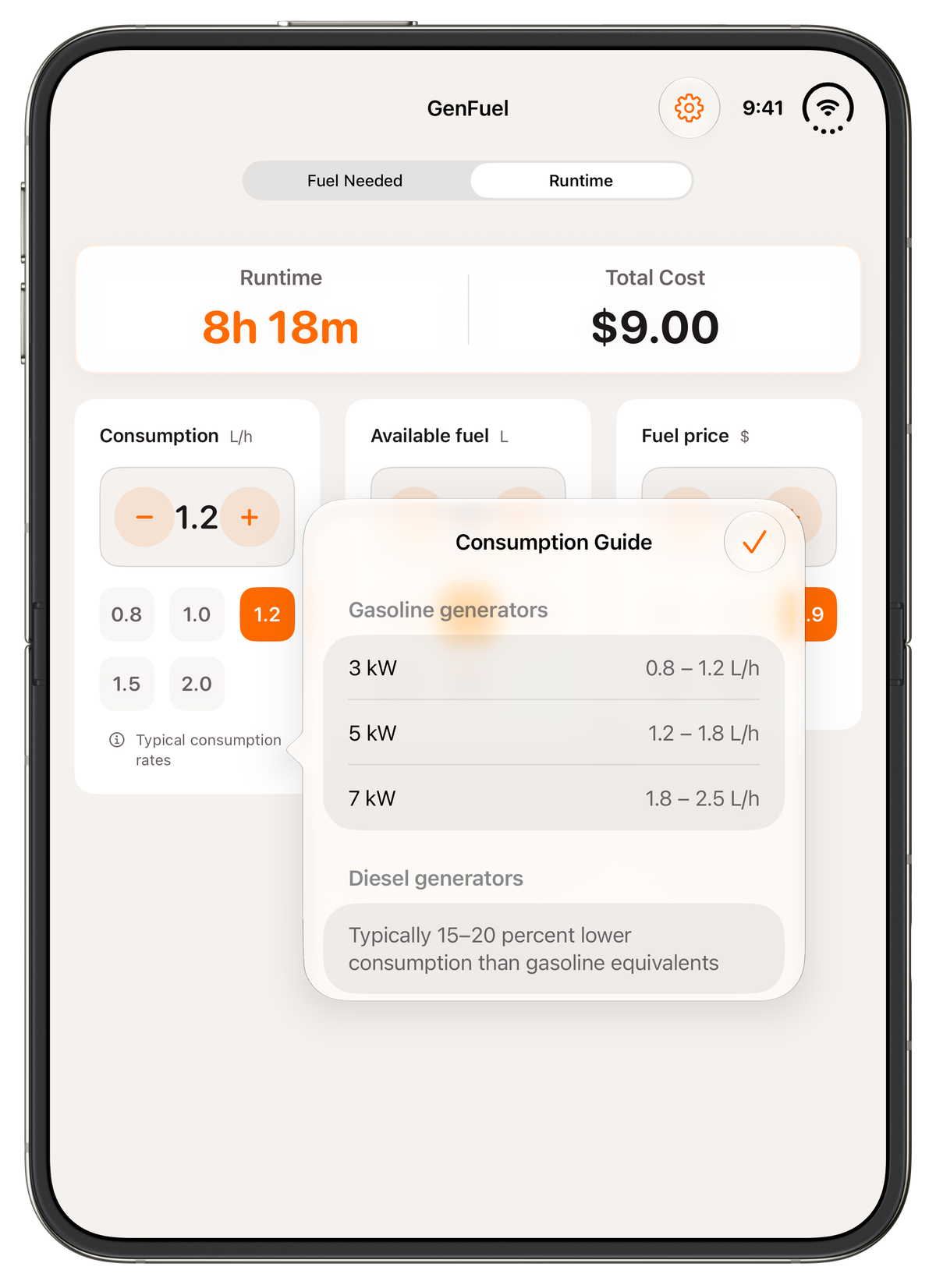 GenFuel on an unfolded iPhone Duo in portrait, Runtime mode, showing 8h 18m Runtime and $9.00 Total Cost. Three cards (Consumption, Available fuel, Fuel price) sit across the screen, with the Consumption Guide popover open, listing gasoline generator ranges from 3 kW to 7 kW and a note on diesel.