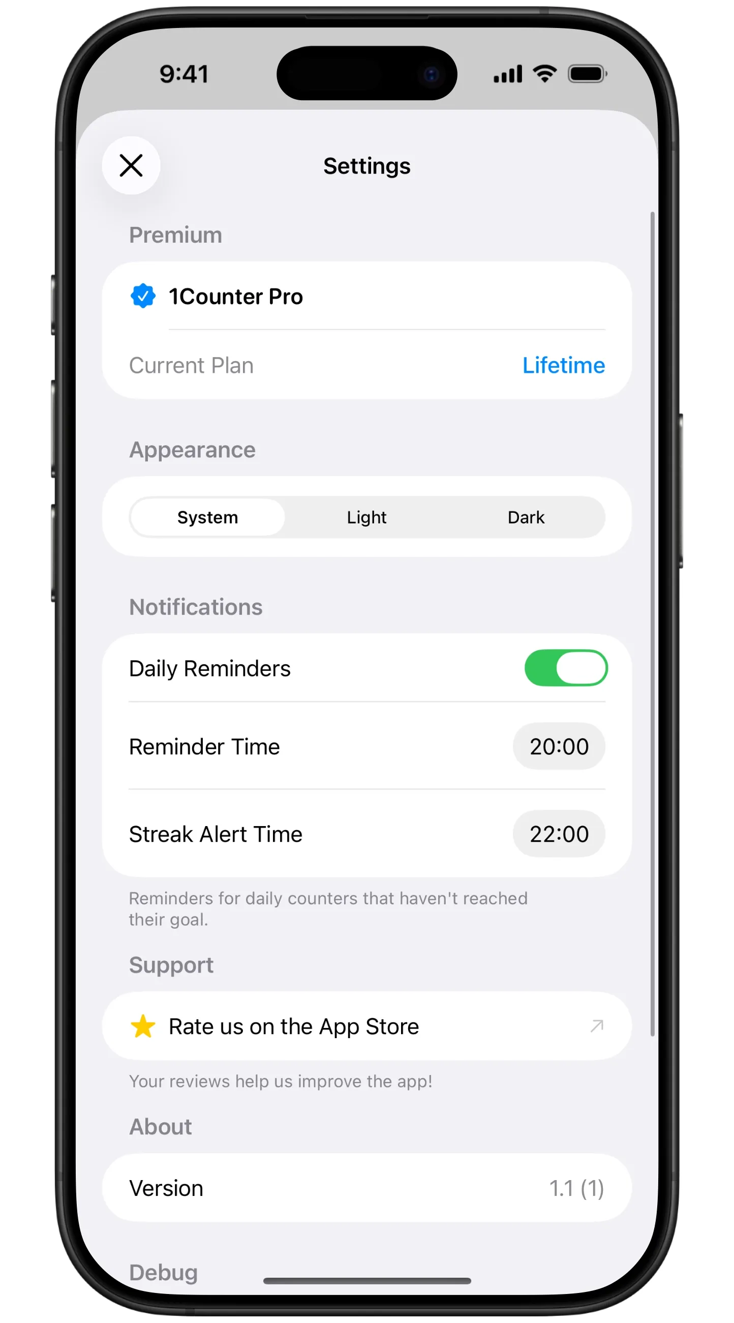 1Counter settings screen showing daily reminders toggle, reminder time set to 20:00, and streak alert time set to 22:00