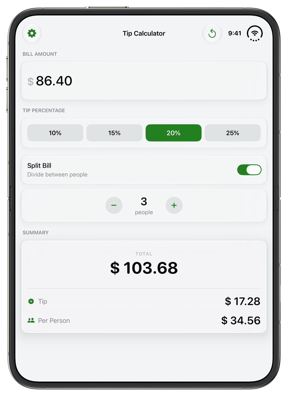 iPhone Duo unfolded in portrait showing Elavo with Split Bill switched on and set to 3 people, and a summary of $103.68 total, $17.28 tip and $34.56 per person.
