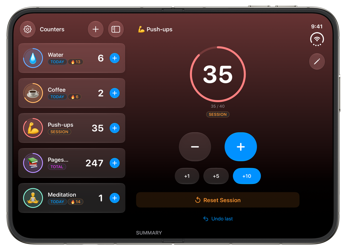 The same Push-ups scene in dark appearance. A deep maroon gradient fills the sidebar and the detail pane, and the cards, buttons and text stay legible against it.