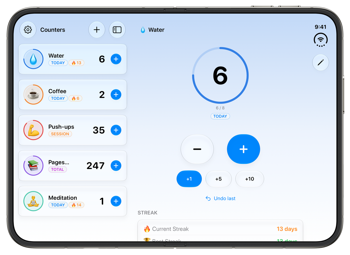 iPhone Duo unfolded in landscape showing 1Counter. On the left, the Counters list with Water, Coffee, Push-ups, Pages Read and Meditation, each with its mode badge and a plus button. On the right, the Water counter's detail with a progress ring at 6 of 8, minus and plus buttons, +1, +5 and +10 step chips, an Undo last link and the start of the Streak card. A soft blue gradient runs across both panes.