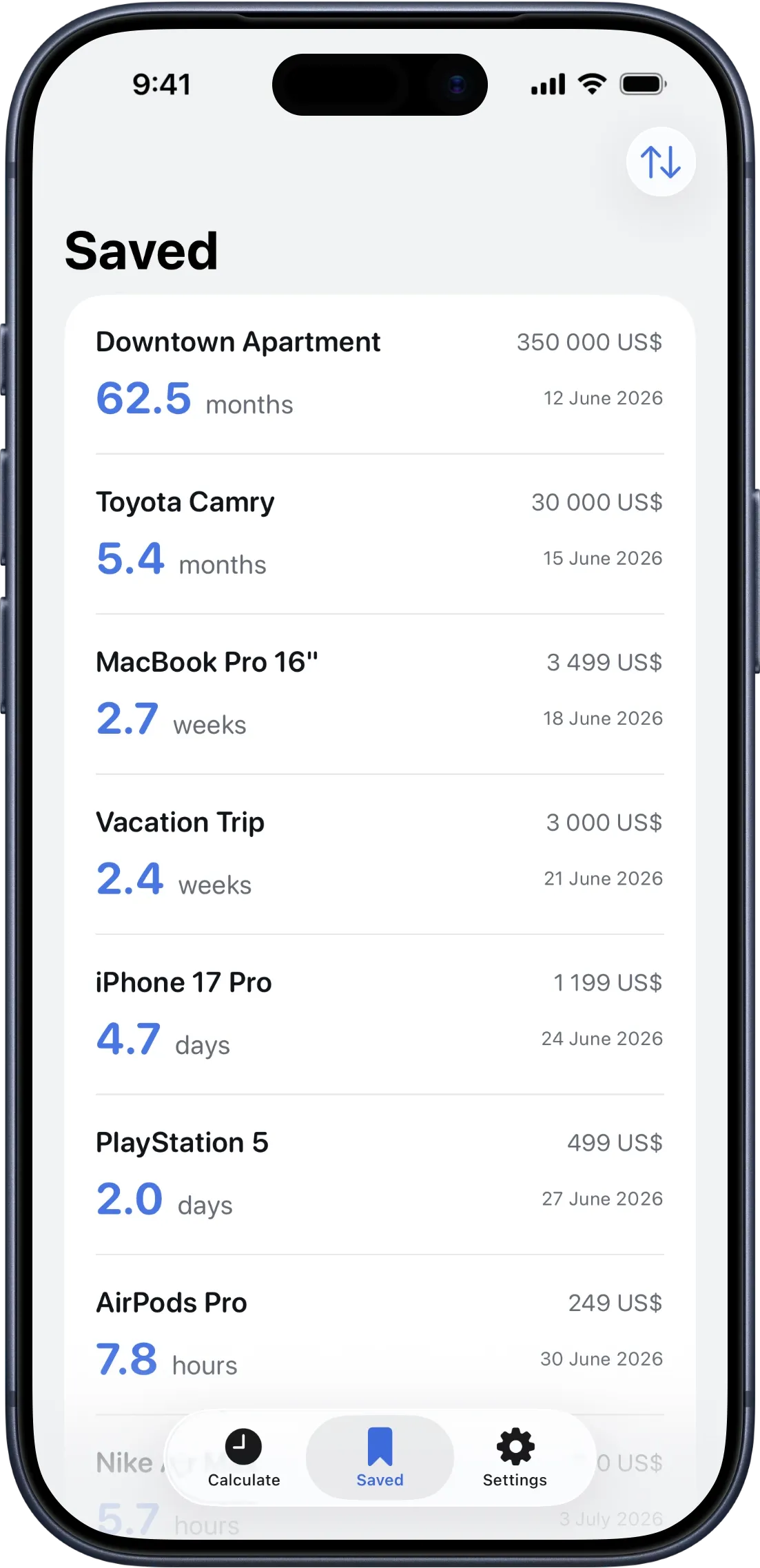 The Hourify Saved list on iPhone with entries including a Downtown Apartment at 350,000 US$ (70 months), a Toyota Camry at 30,000 US$ (6 months), a MacBook Pro 16