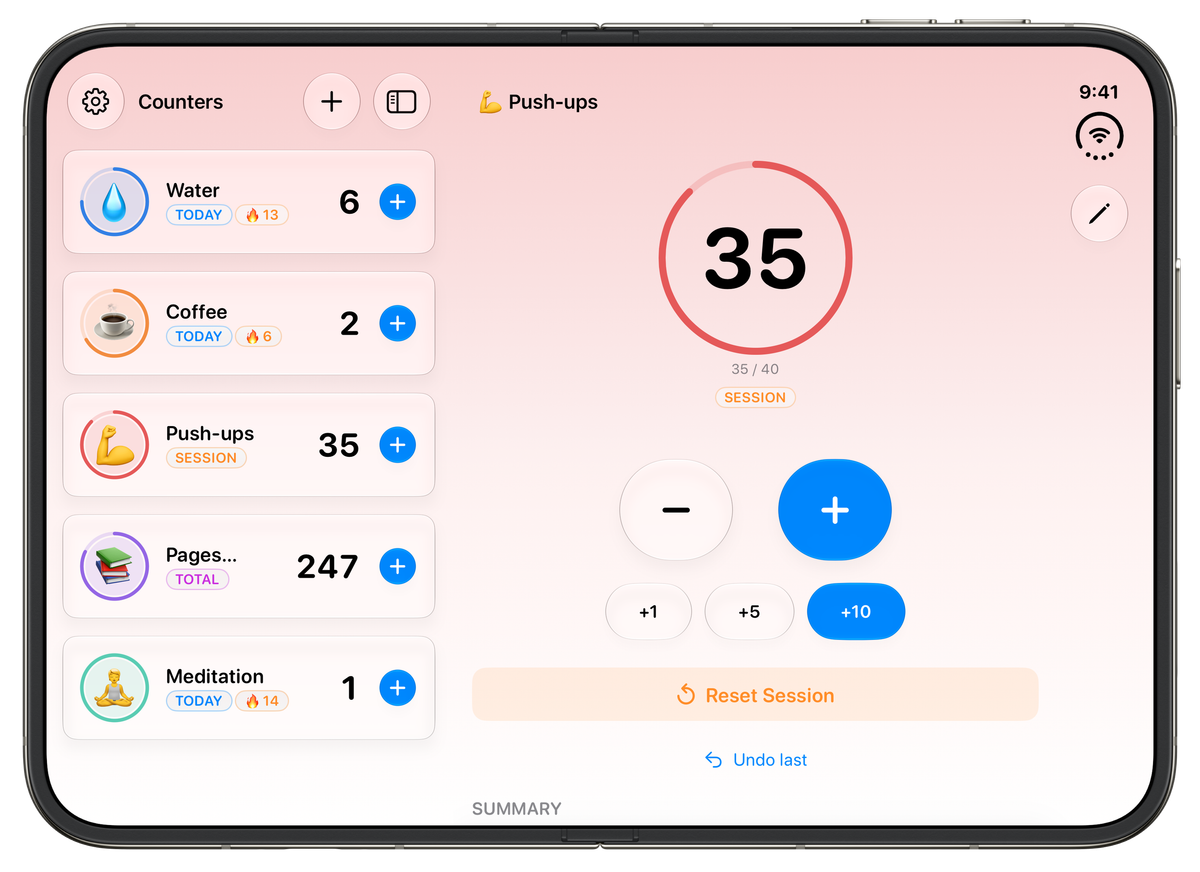 iPhone Duo unfolded in landscape, light appearance. The Push-ups counter is selected and shows 35 of 40 in a red progress ring with a Session badge, a Reset Session button and Undo last. A pink-to-white gradient fills both the sidebar and the detail pane.