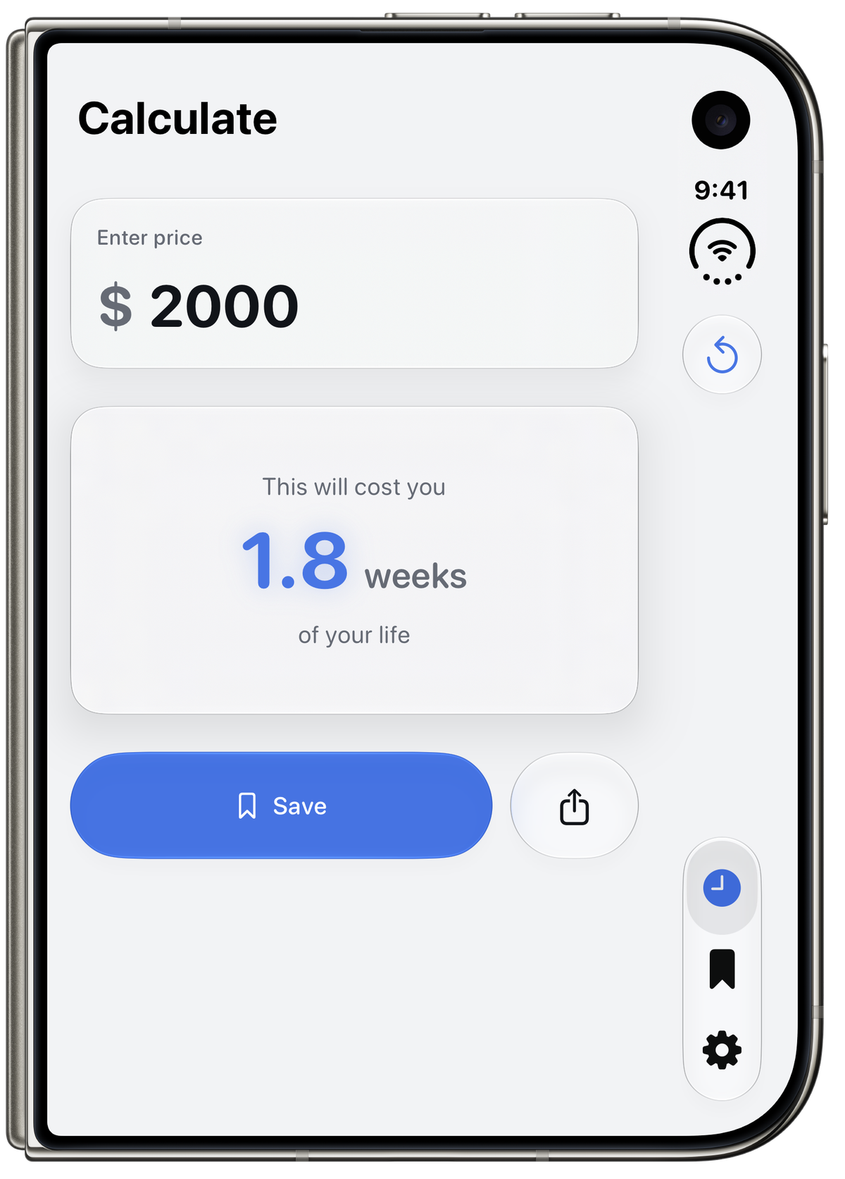 iPhone Duo folded, showing Hourify's Calculate screen with a $2000 price converted to 1.8 weeks of your life. Save and share buttons sit below the result.